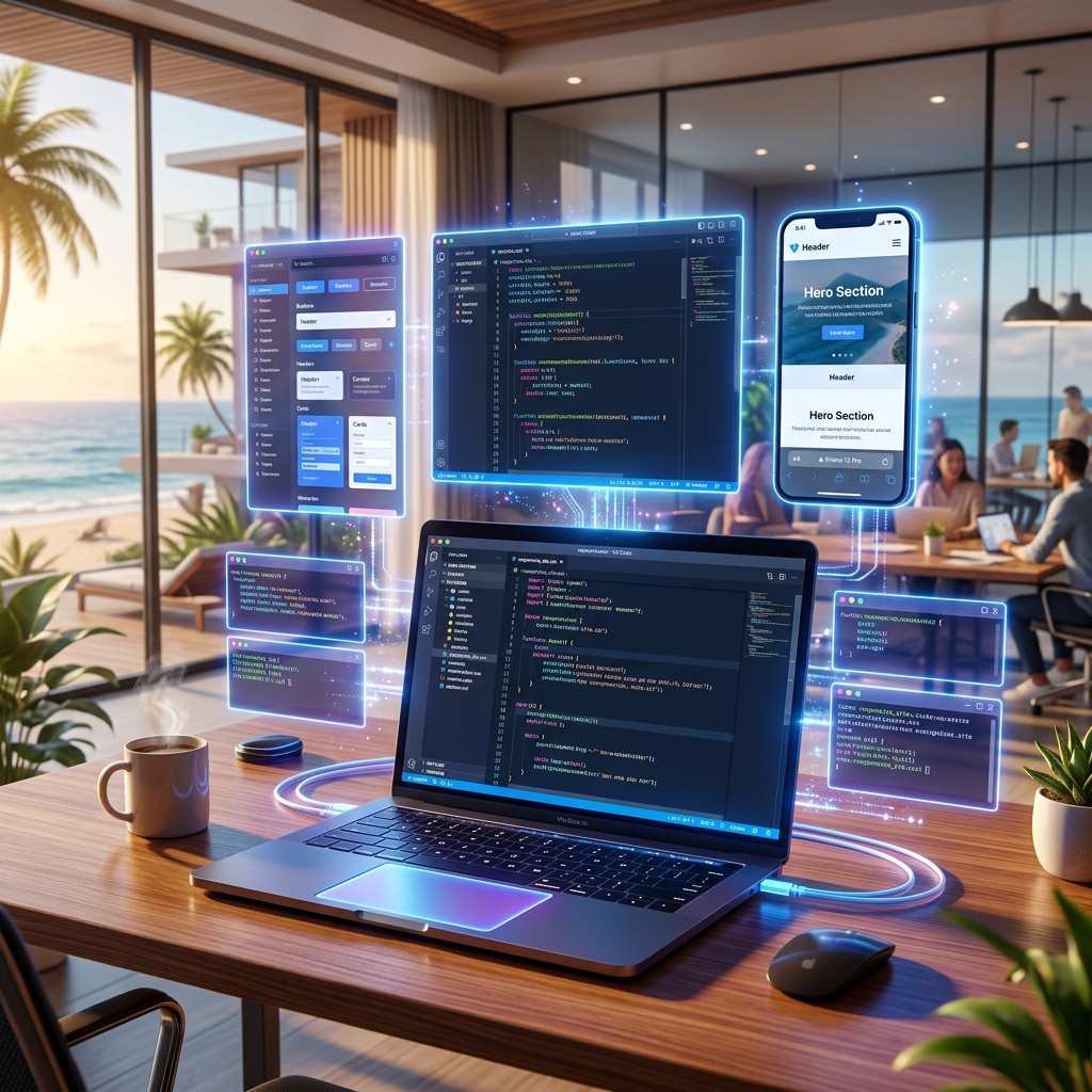 Mockup of a website developer workspace coding on a laptop
